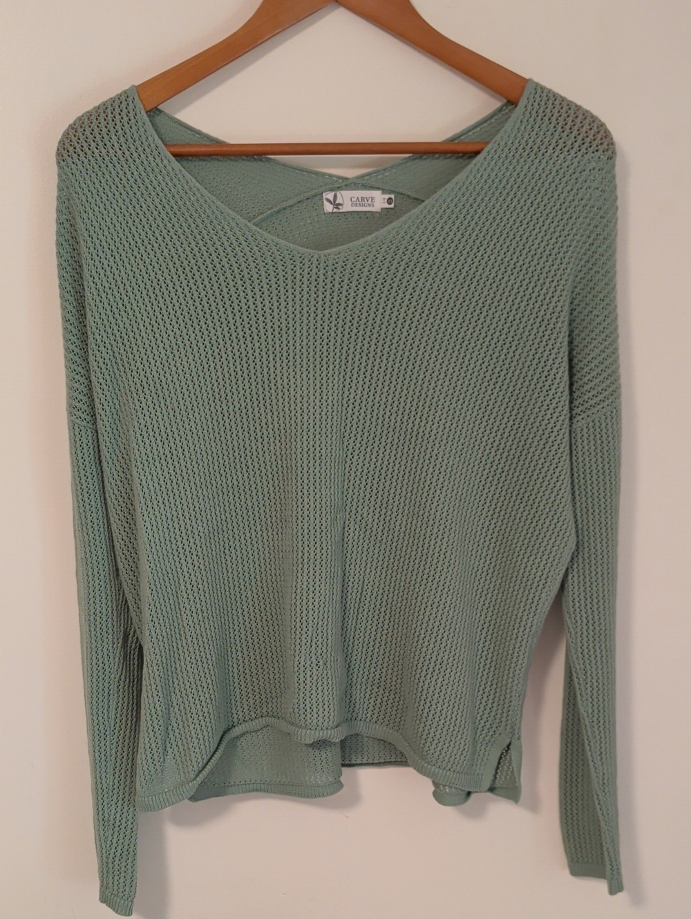 Carve Designs Women's Open-Weave V-Neck Sweater in Sage Green